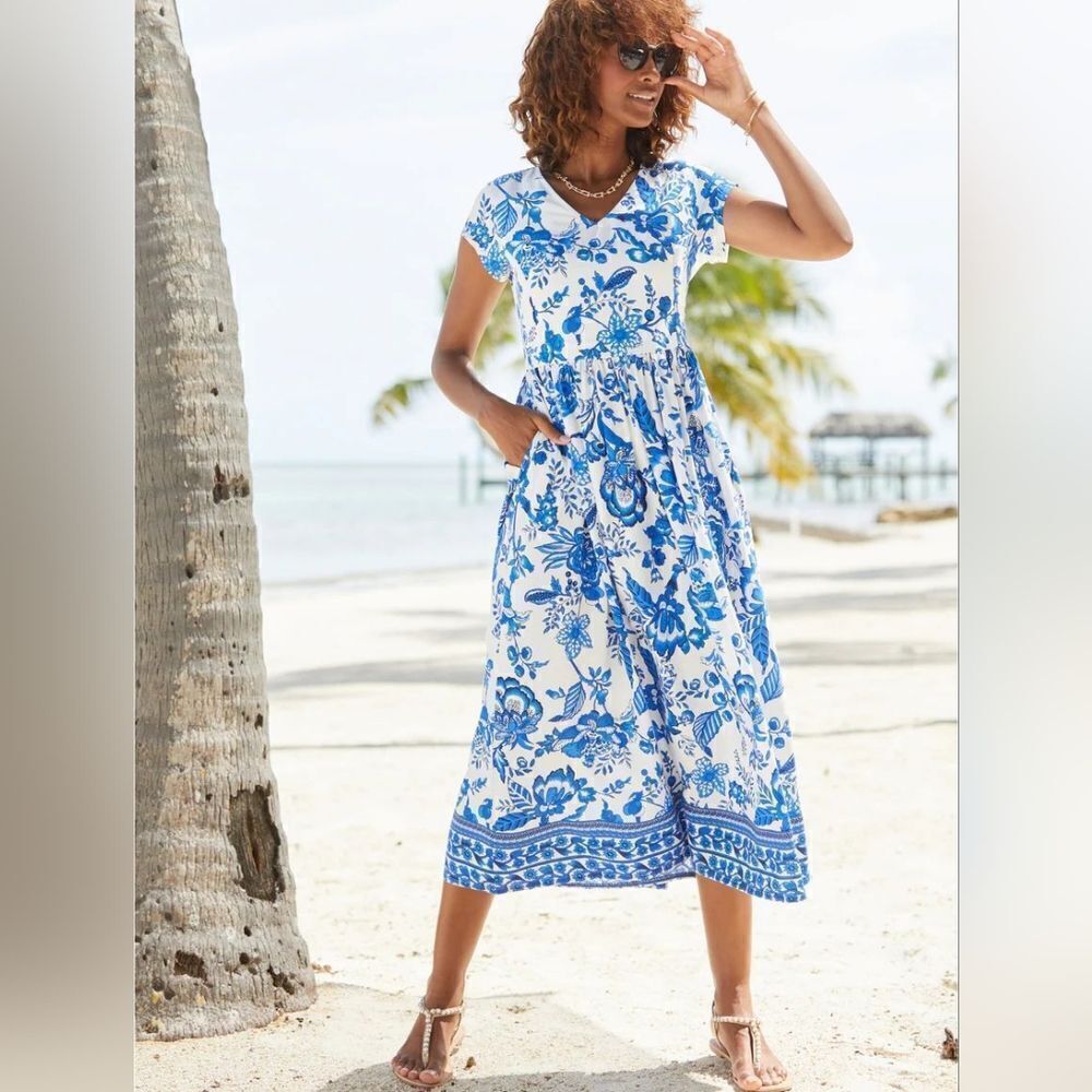 Blue and White Floral Print Midi Dress Size M